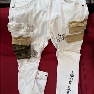 White and Tan Cargo Pants With Designs